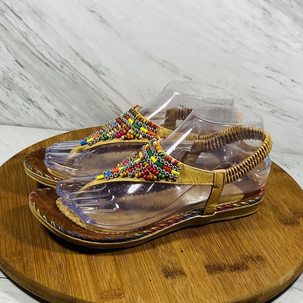 Women's boho style flat sandals decorated with Rome pearl Size 7 NEW